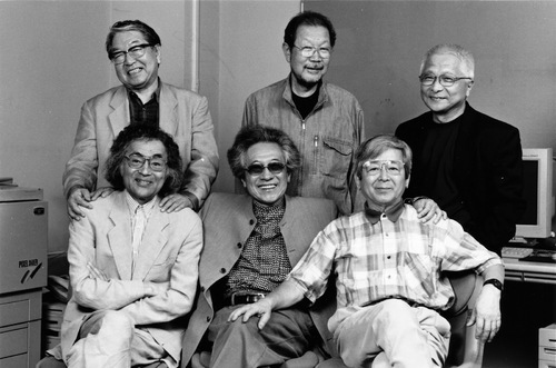 Members of Vivo, in 2001. In clockwise order from the top left: Eikoh Hosoe, Shomei Tomatsu, Kikuji Kawada, Akira Sato, Ikko Narahara and Akira Tanno. Photo by Shu Sakurai